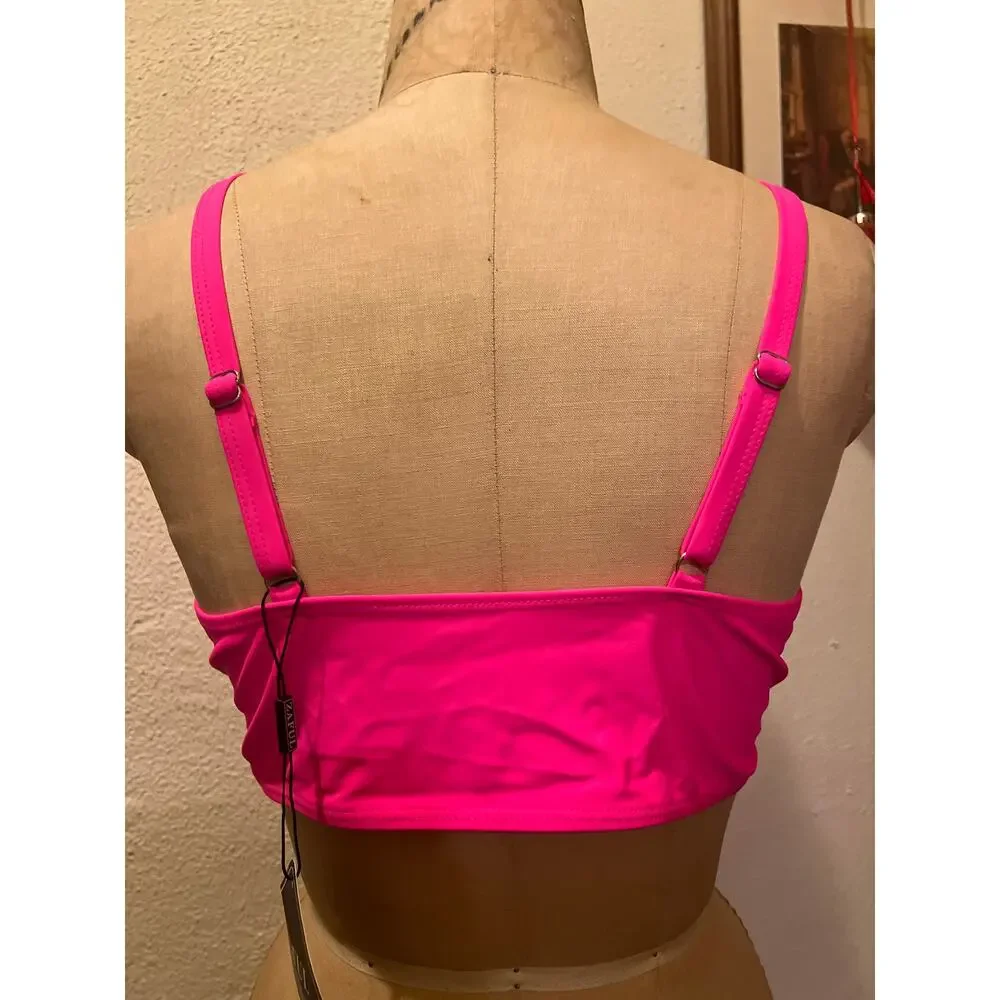 Sheer Mesh Deep Plunge Tankini Bikini Swimsuit Top Pink NWT Size XL - Picture 5 of 8
